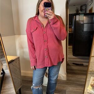BKE Washed Waffle Knit Boyfriend Shirt Pink Size Large